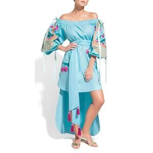 Yuliya Magdych Designer Linen Embroidered Cherry Caftan Dress Large Blue Boho